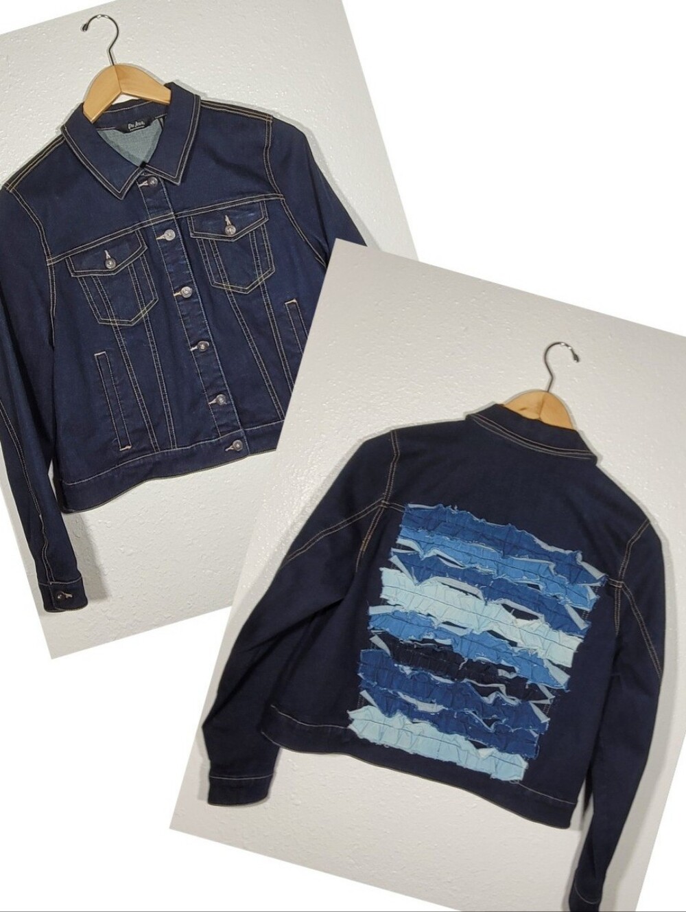 Du Jour QVC Women's Size 16 Dark Denim Stretch Jean Jacket Ruffle Back Boho Fun